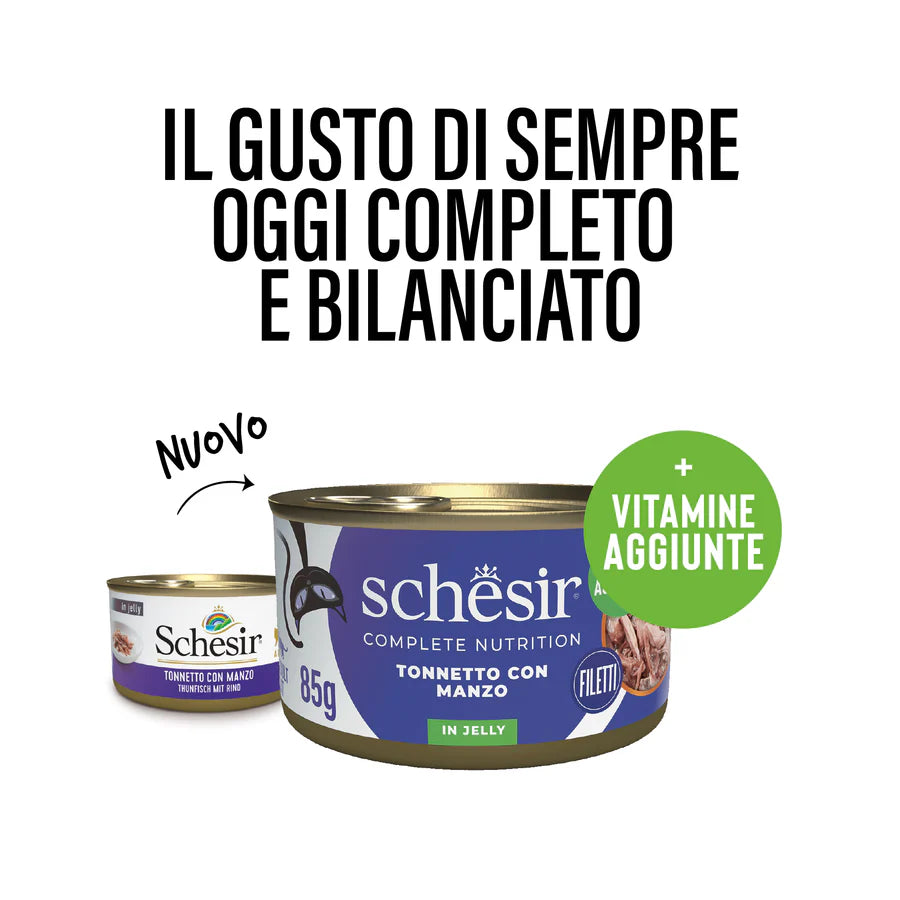Schesir lattina gatto 85g con tonnetto e manzo in gelatina, nuova ricetta con vitamine aggiunte Schesir lattina gatto 85g con tonnetto e manzo in gelatina, nuova ricetta con vitamine aggiunte